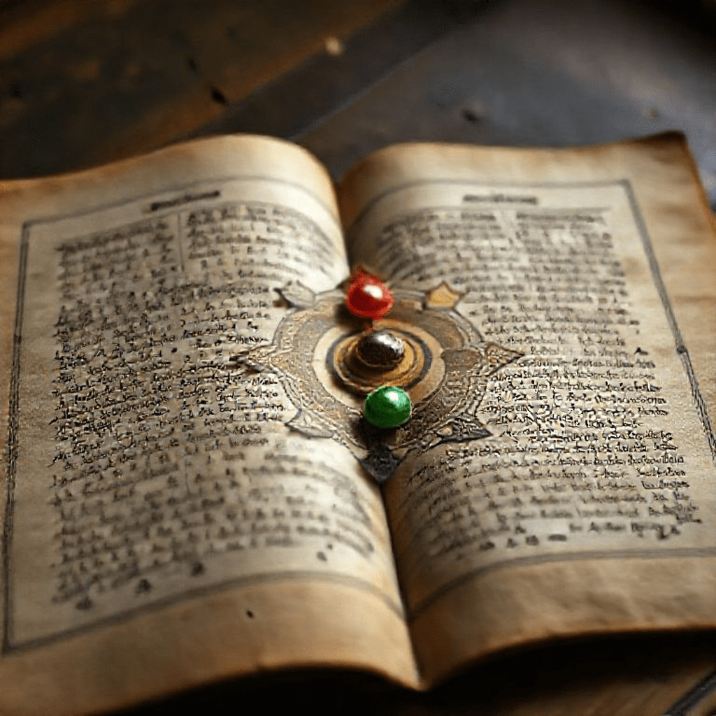 Représentation d’anciens manuscrits sanskrits ouverts, illustrés de symboles de chakras colorés, ambiance mystérieuse et sacrée