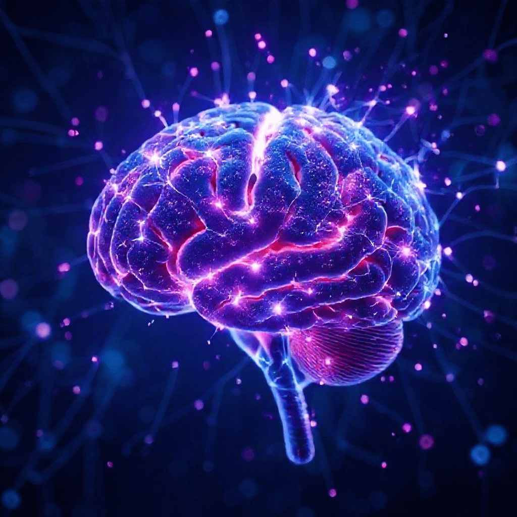 Schéma cérébral illustrant les connexions neuronales et les ondes énergétiques du quantum