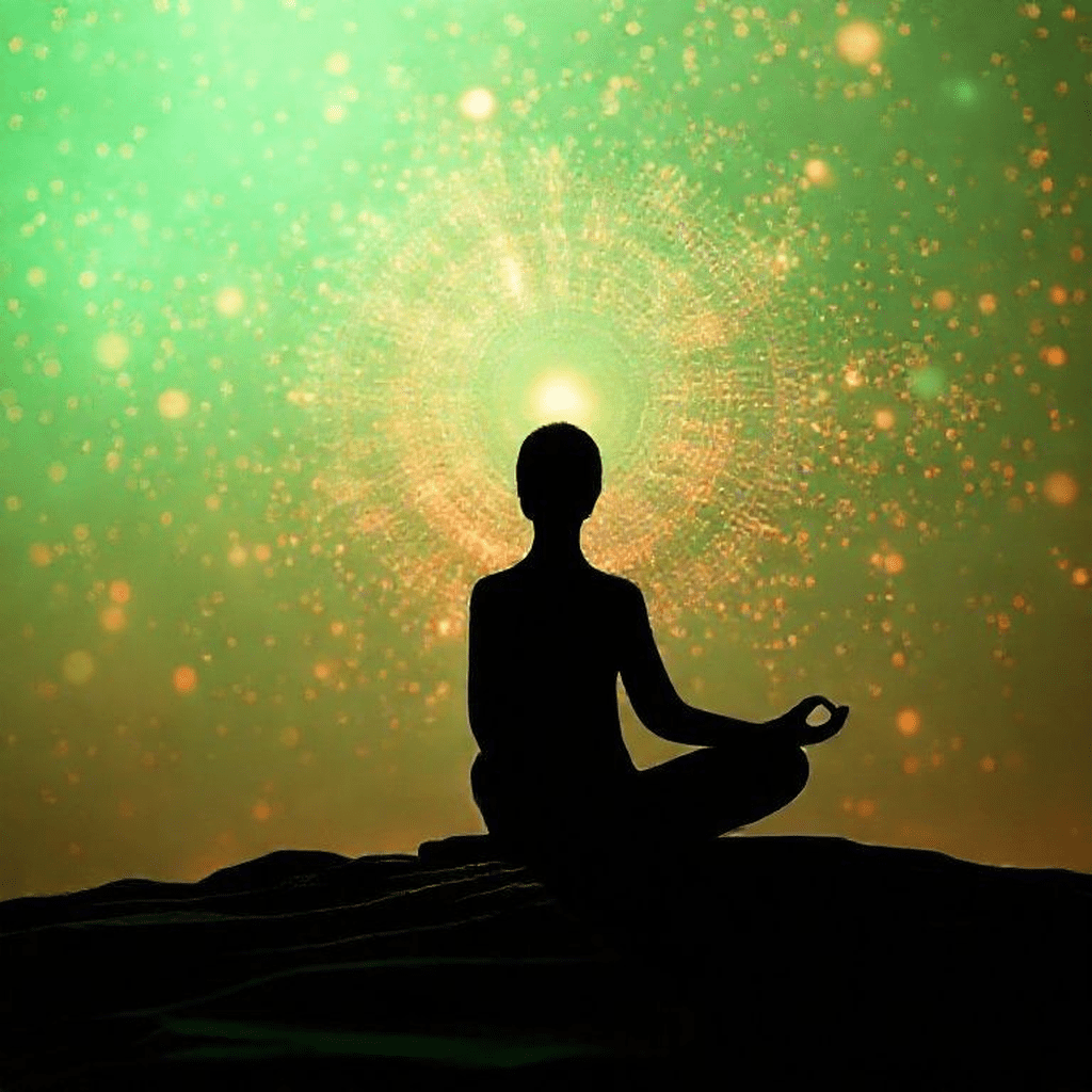 Silhouette méditative émettant des ondes émotionnelles positives dans un paysage harmonieux et lumineux