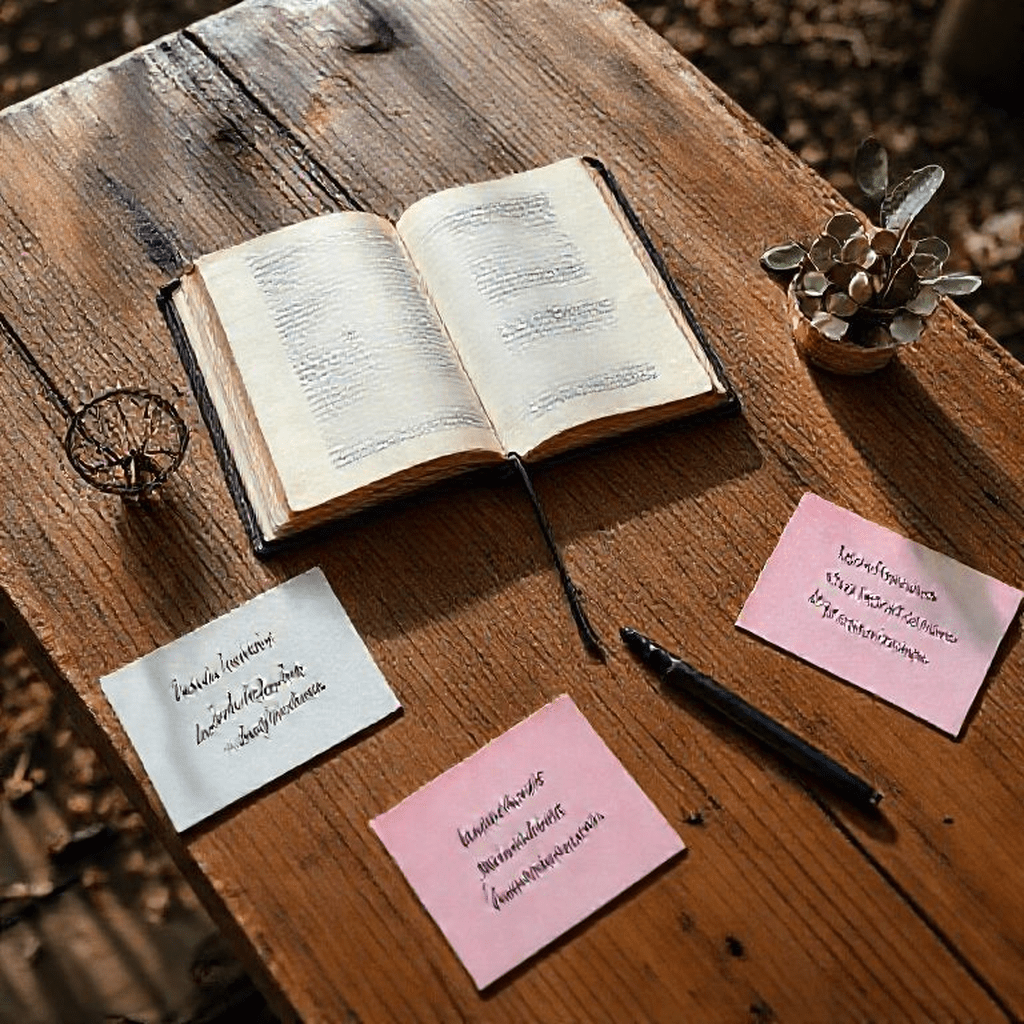 Mains tenant un cahier de gratitude ouvert et des cartes d’affirmations colorées sur une table en bois