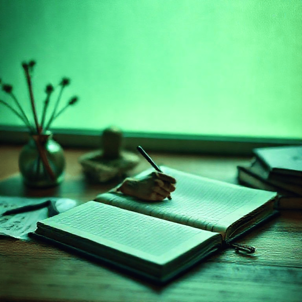 Main tenant carnet et stylo pendant exercice quotidien, illustrant l’écriture pour clarifier l’esprit avant visualisation.