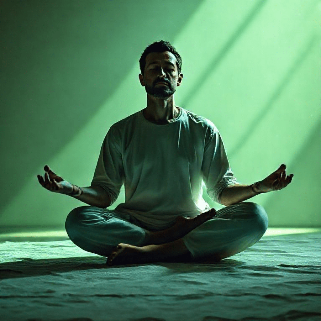 Personne en posture de méditation, respirant profondément, esprit apaisé, prête à visualiser objectifs avec clarté.