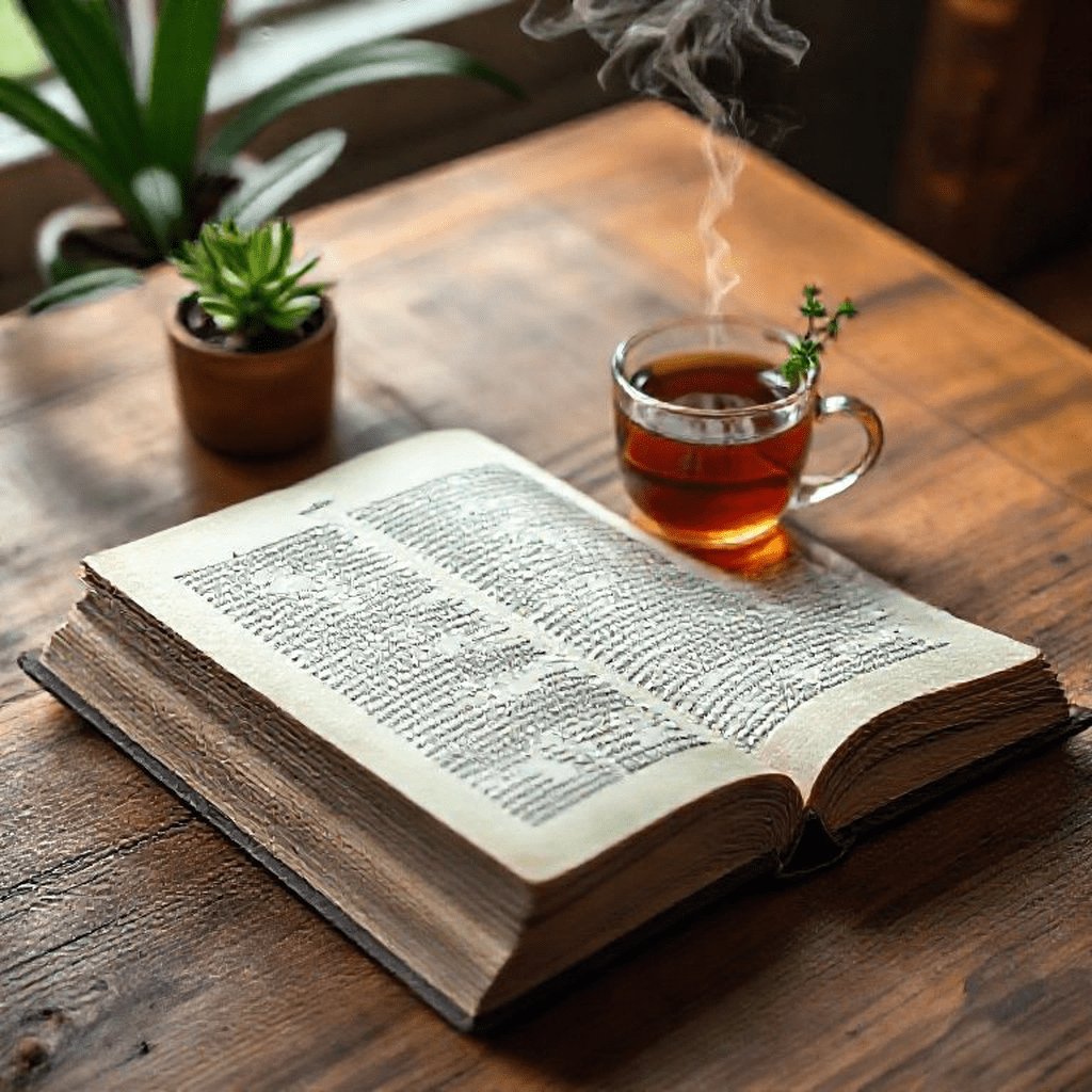 Livre ouvert, tasse de thé et plantes symboles de rituels pour préserver la clarté mentale.