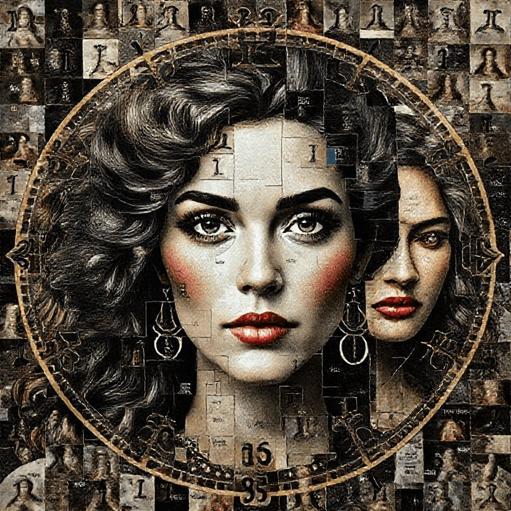 Portraits de personnalités célèbres accompagnés de calculs numérologiques de leurs prénoms présentés visuellement
