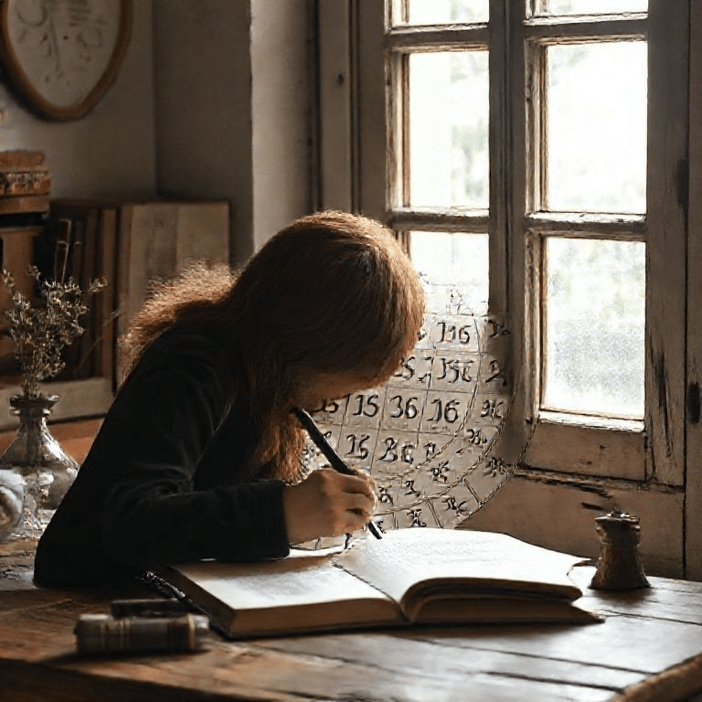 Visuel dun tableau chiffré détaillant les valeurs numériques assignées à chaque lettre dun prénom posé sur un bureau ancien