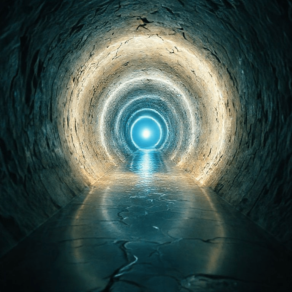 Visuel d’un tunnel de lumière évoquant transcendance et apaisement intérieur lors d’une EMI