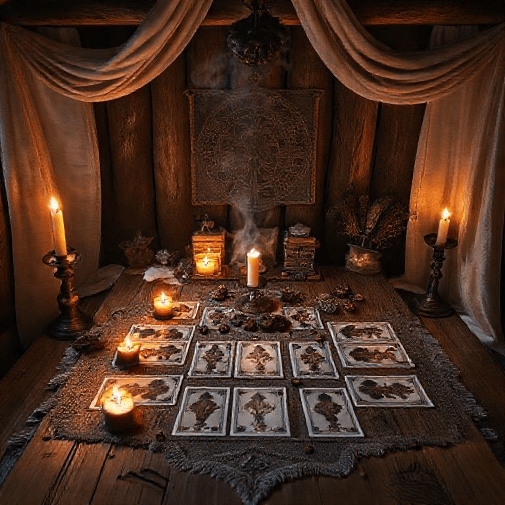 Table de tarot aménagée avec bougies encens pierres et drapé coloré pour une ambiance sacrée