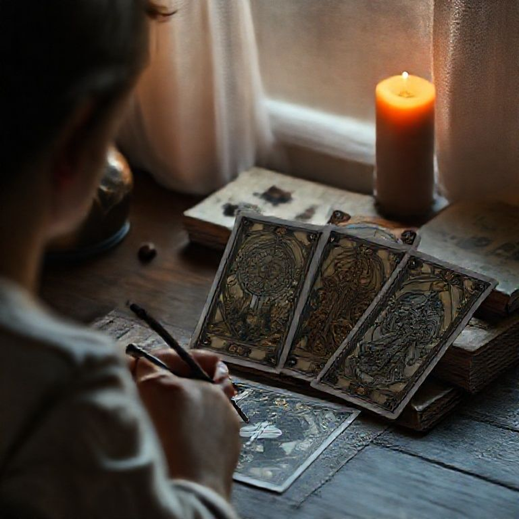 Main écrivant dans un carnet à côté de cartes de tarot, suivant exercices et réflexions