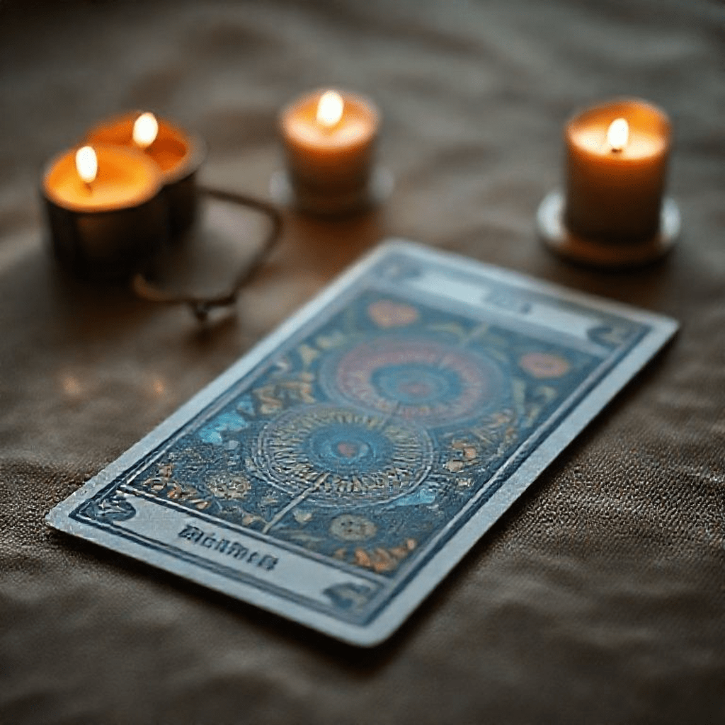 Gros plan d’une carte de tarot avec symboles ésotériques et motifs colorés en lumière douce