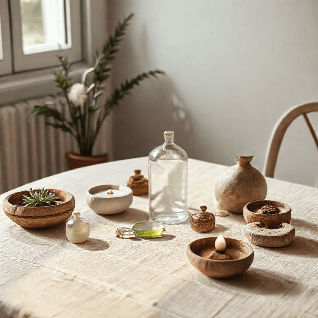 Outils de nettoyage énergétique : sauge, encens, cristaux et bols chantants disposés sur une table