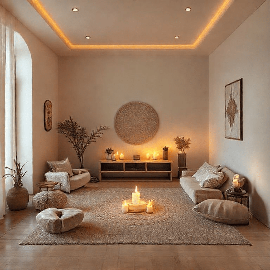 Intérieur épuré avec bougies allumées et tapis de méditation, préparé pour accueillir un nettoyage énergétique