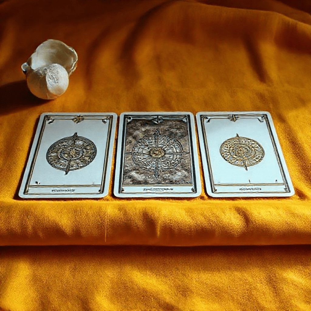 Trois cartes de tarot disposées en ligne droite sur fond coloré, illustrant un tirage intuitif