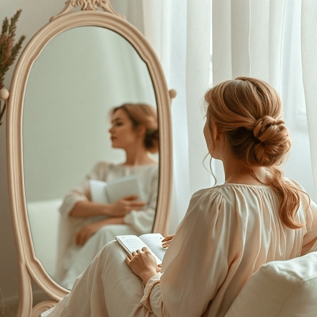 Portrait d'une personne se choyant avec des rituels simples et conscients, symbolisant l'amour de soi et l'autoréparation.