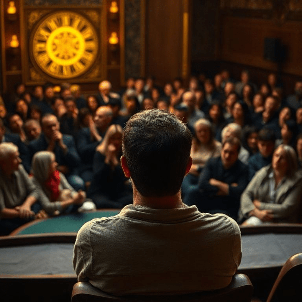 Salle lumineuse avec micro et public attentif, prêt à partager témoignages et silences.