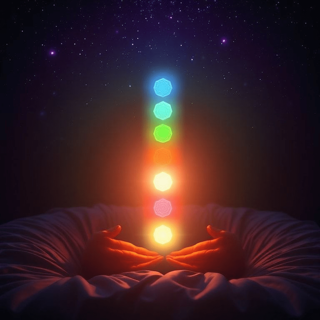 Schéma montrant les sept chakras et leur liaison avec le sommeil et les cycles énergétiques intérieurs.