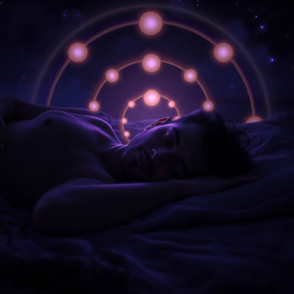 Dessin montrant des flux d’énergie circulant autour des chakras et modulant le sommeil.