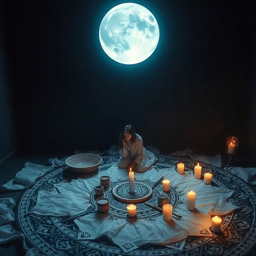 Image montrant l’espace prêt pour purification lunaire: autel dégagé, bougie blanche allumée, herbes et cristal alignés sous une lumière lunaire.
