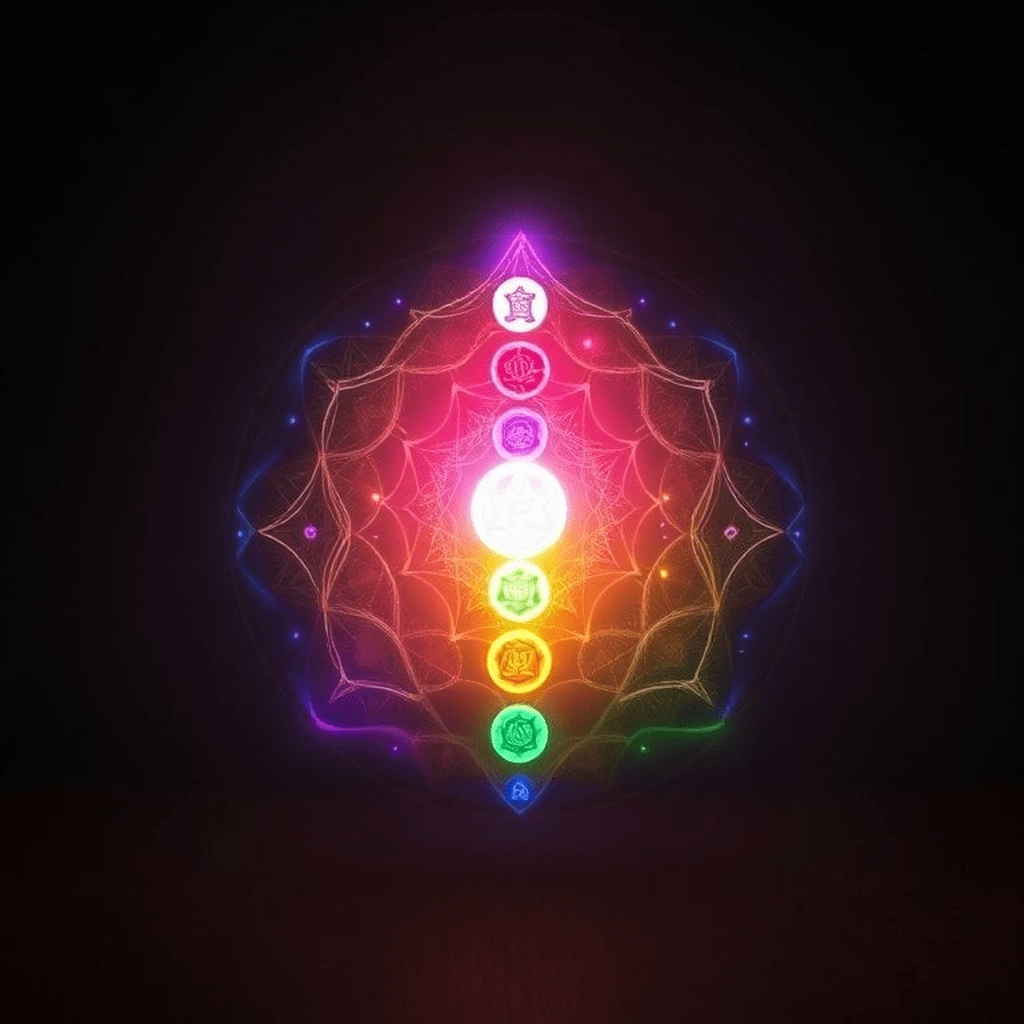 Carte illustrant les chakras avec leurs couleurs et fréquences associées, entourés d’ondes lumineuses.
