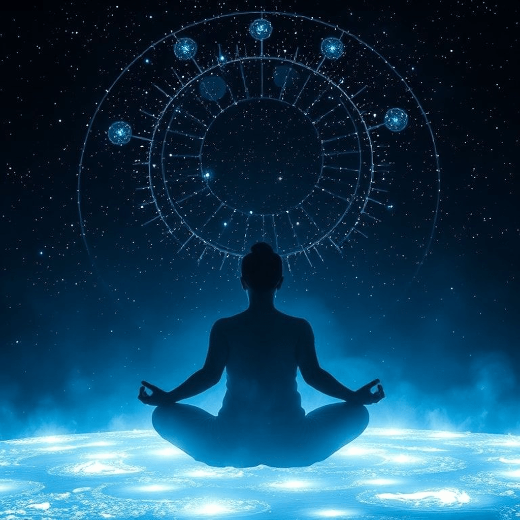 Illustration décrivant le contrôle du mental lors de la visualisation avec une silhouette apaisée et des flux lumineux maîtrisés.