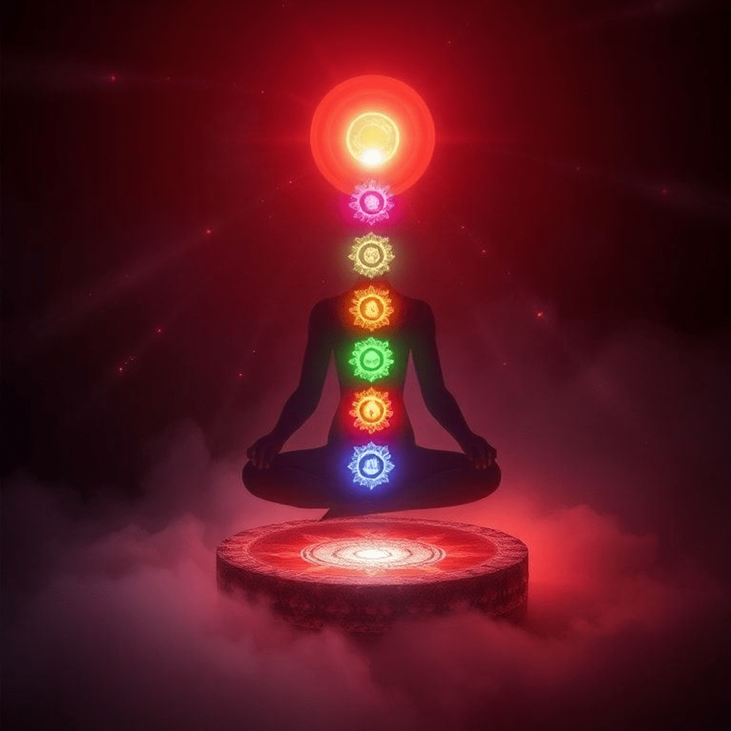 Illustration d’introduction présentant sept chakras alignés et des notes musicales entourant une colonne lumineuse.