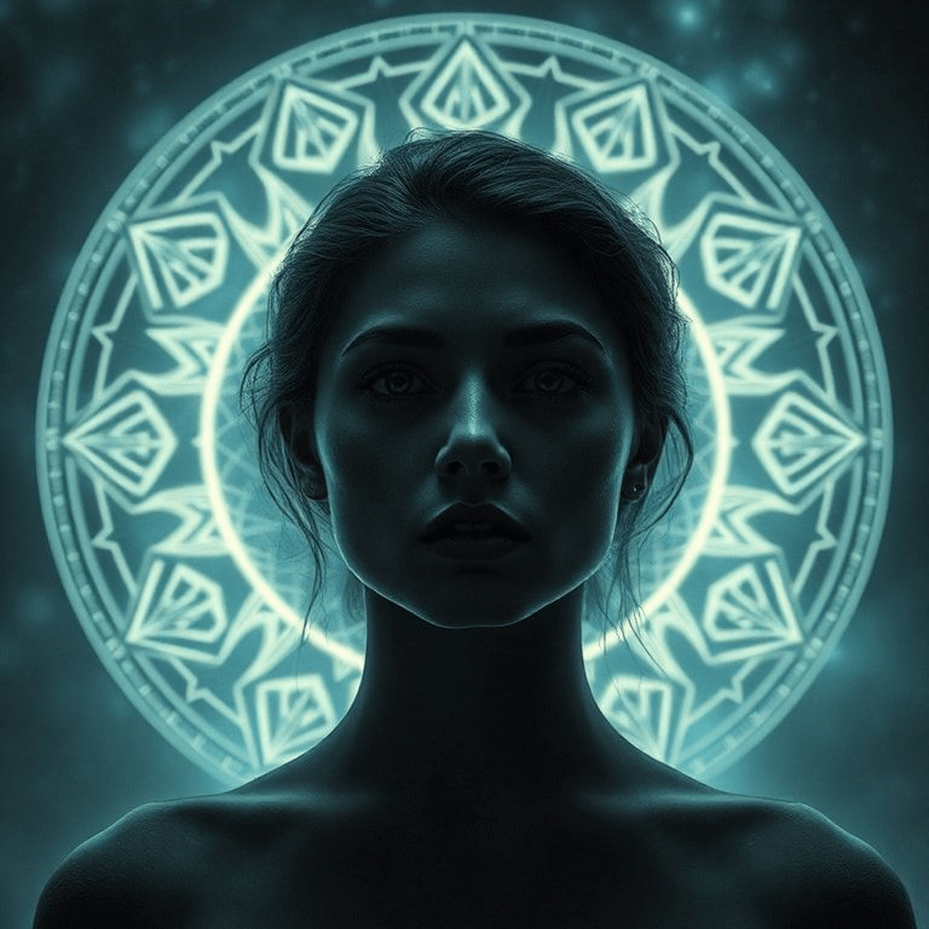 Portrait intérieur: une personne en méditation face à des lumières hésitantes, l'étincelle d'une intuition défiant la logique.