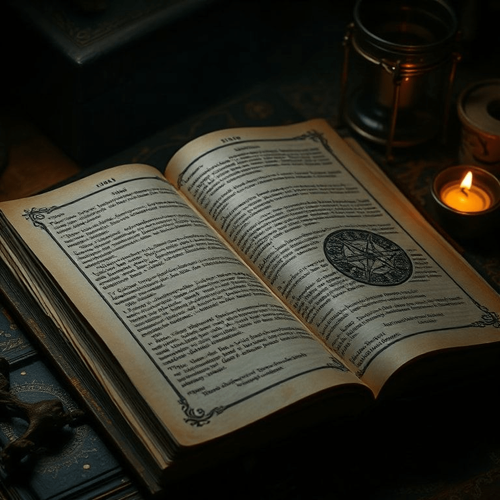 Balance et symbole lunaire entourant un rituel fictif mais éthique