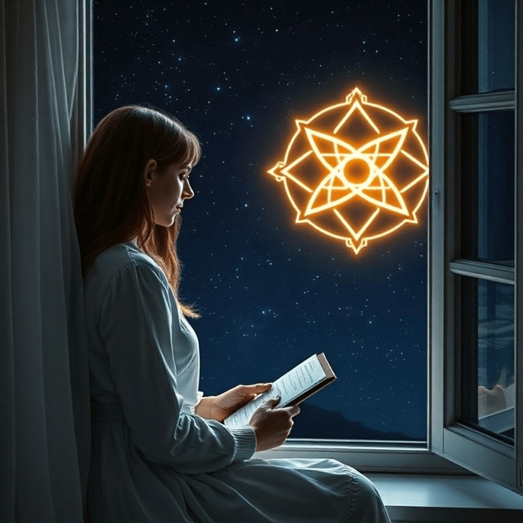 Plan rapproché d'une personne près d'une fenêtre, écoutant l’univers parler à travers un ciel nocturne et un symbole lumineux.