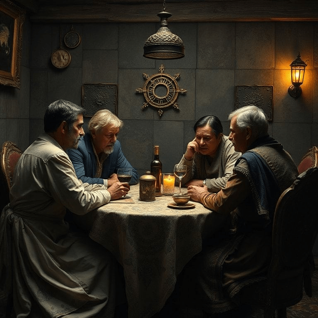 Groupe de visages flous et regards soupçonneux autour d'une table, murmurant des interprétations possibles.