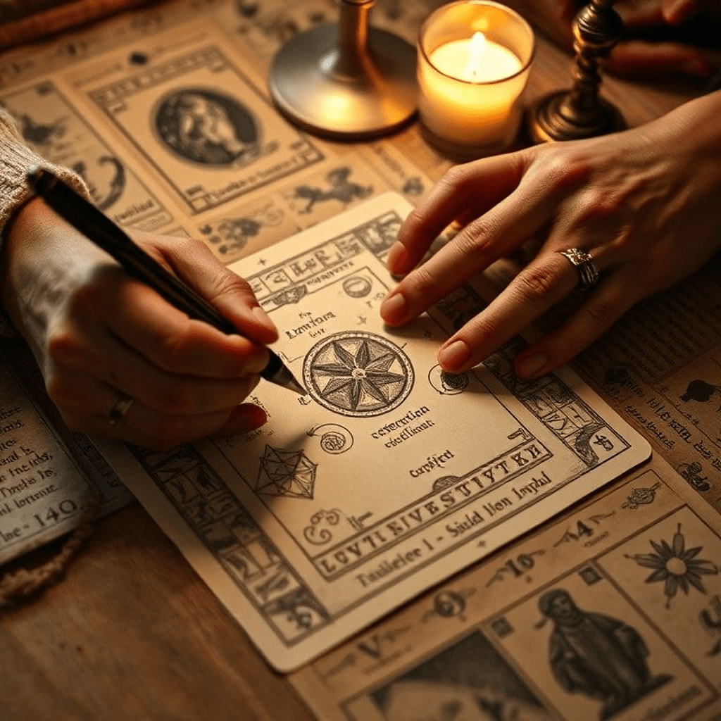 Objets symboliques et carnet qui révèlent une trajectoire intérieure à travers les répétitions tarot