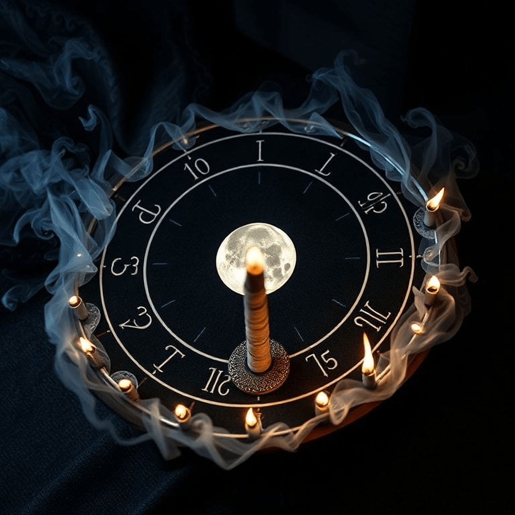 Image montrant les gestes du rituel: incantation légère, mouvement circulaire autour de l'autel, fumée d'encens et lumière lunaire bleutée.