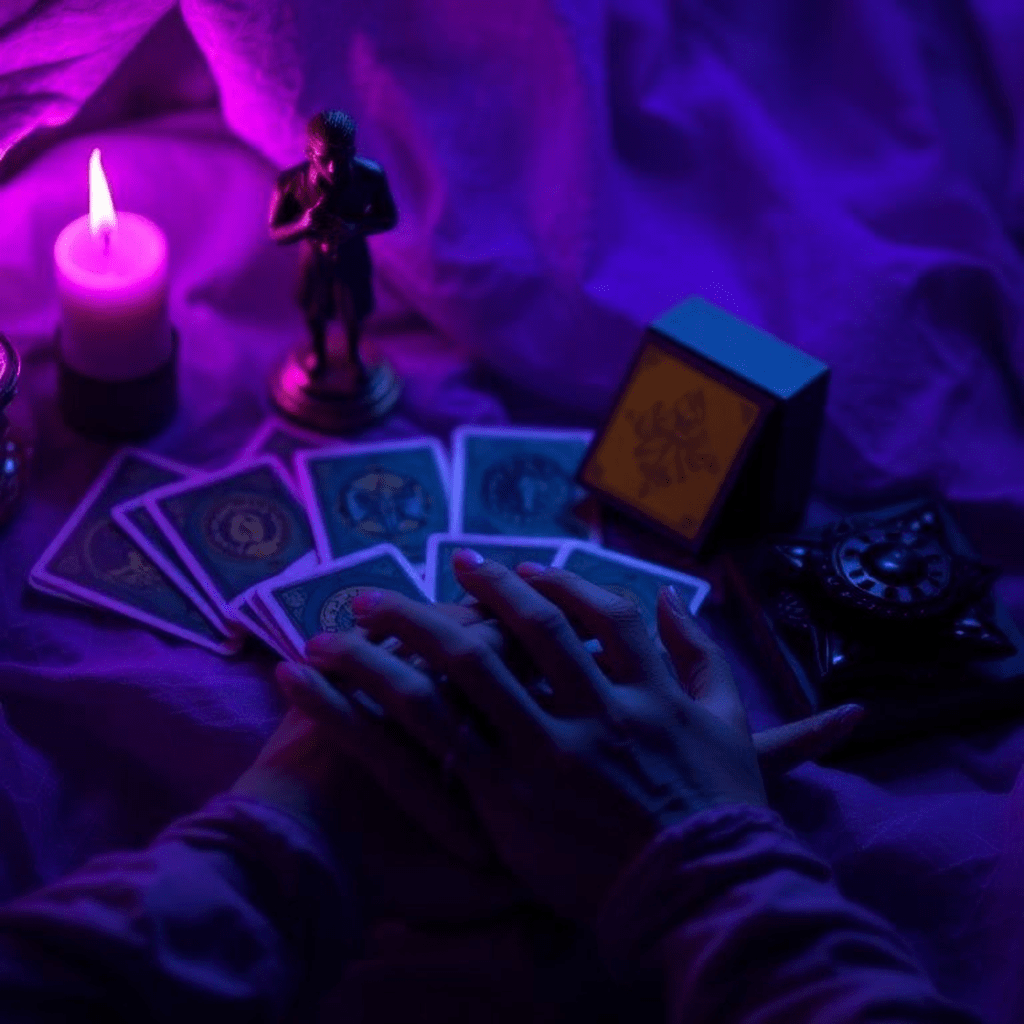 Tableau avec cartes et rituel simple, énergie en transformation et concentration
