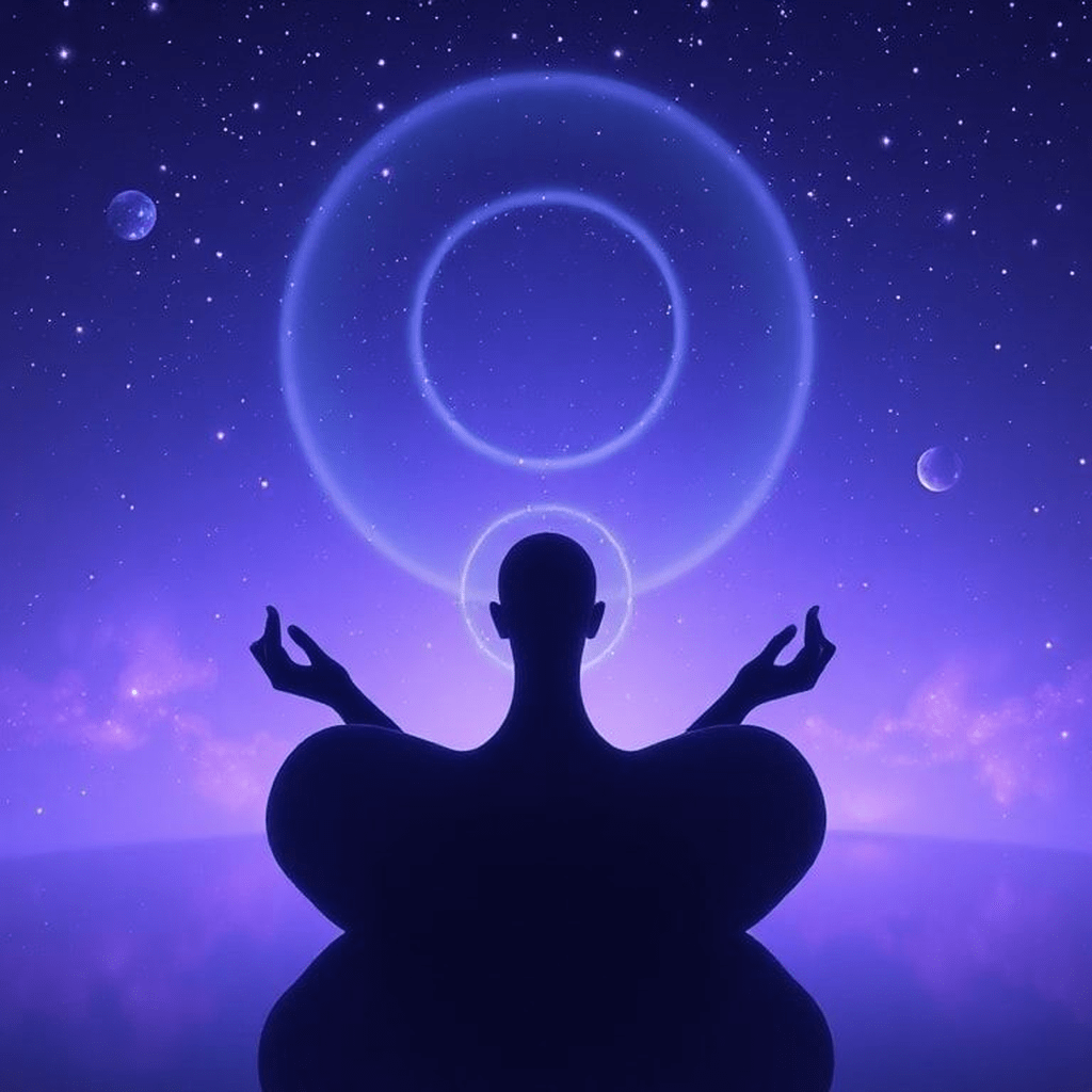 Personne en méditation légère, visualisant son futur partenaire dans une aura lumineuse et apaisante.