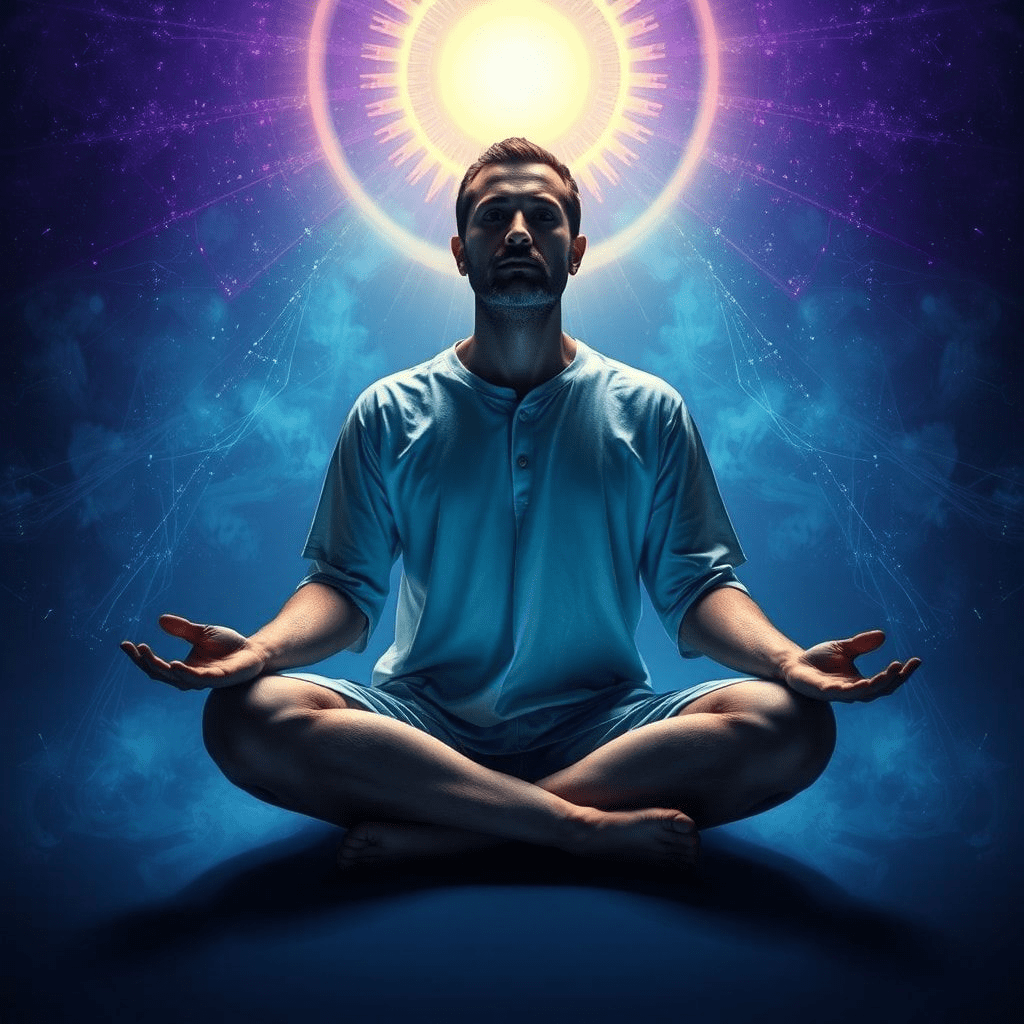 Une personne en méditation remarque une lumière naissante autour d'elle, symbole d'un appel intérieur et d'une curiosité éveillée.