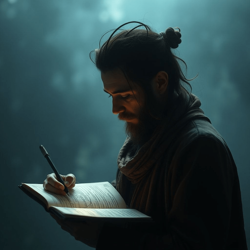 Écriture réfléchie et carnet à côté d'un thé, symboles lumineux flotant autour et visage pensif.