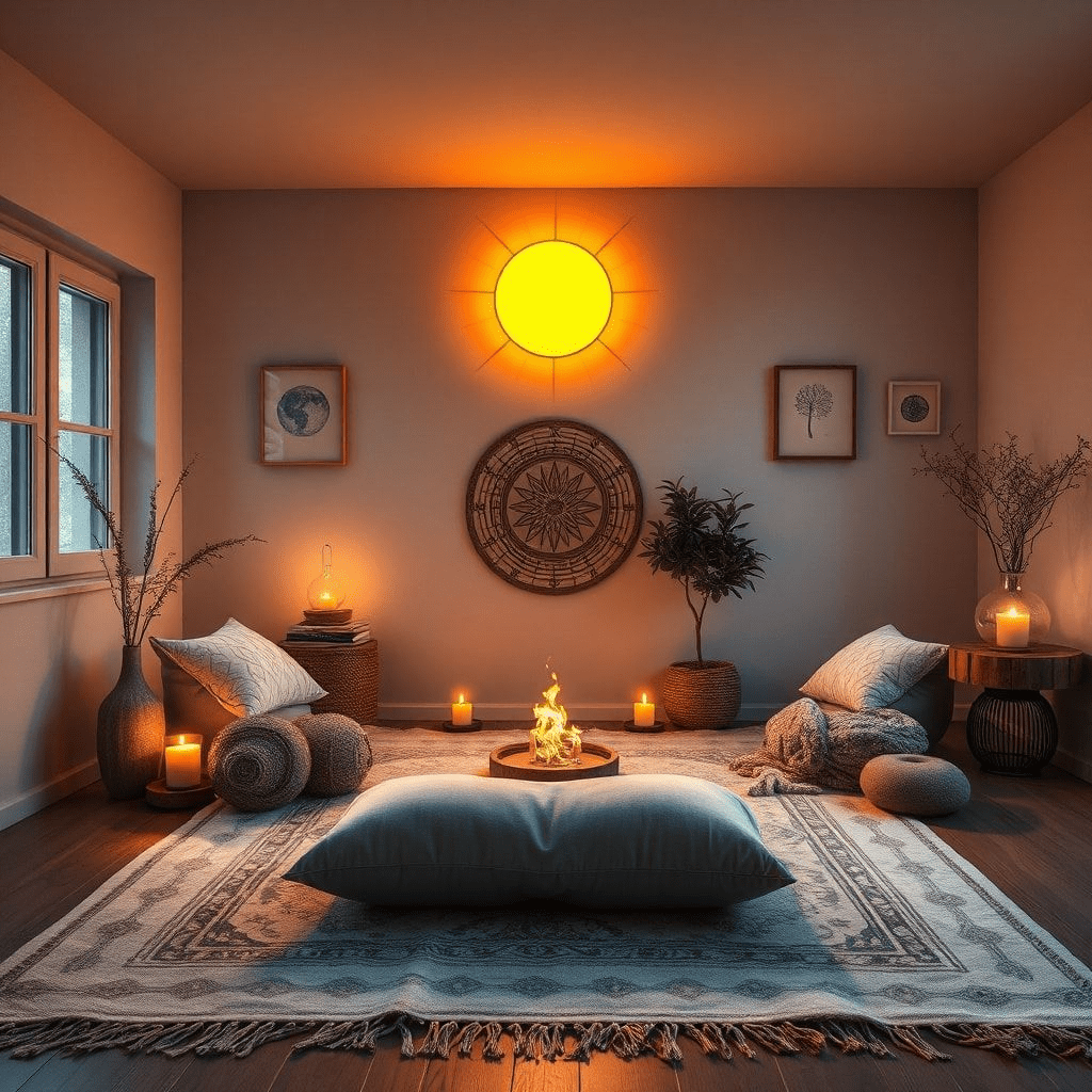 Esprit tranquille dans un espace intime: coin calme, coussin, et éléments sonores disposés.