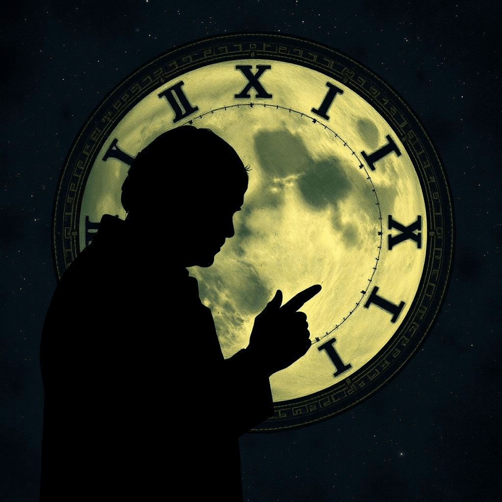 Silhouette d'un astrologue devant un tableau où alternent ciel et nature.
