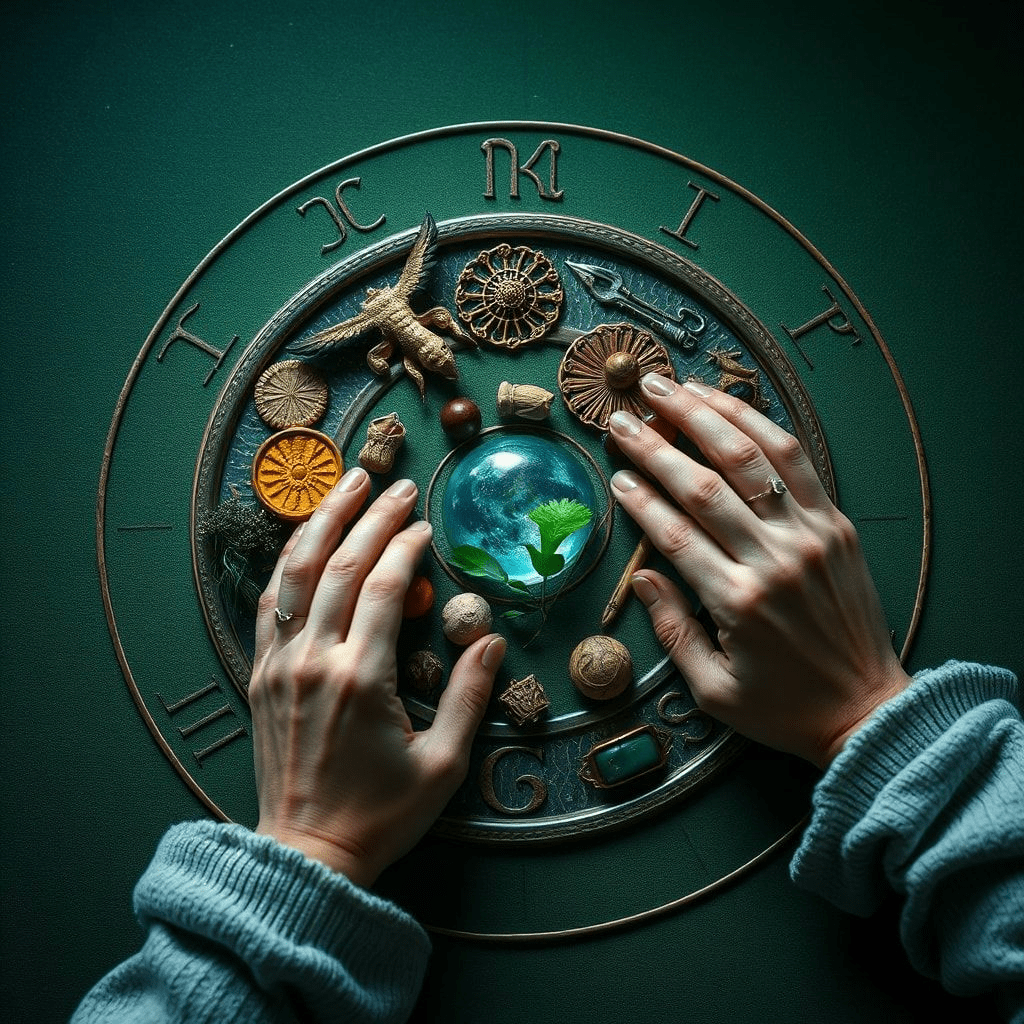 Une main tient des cartes astrologiques autour d'un cercle d'éléments naturels.