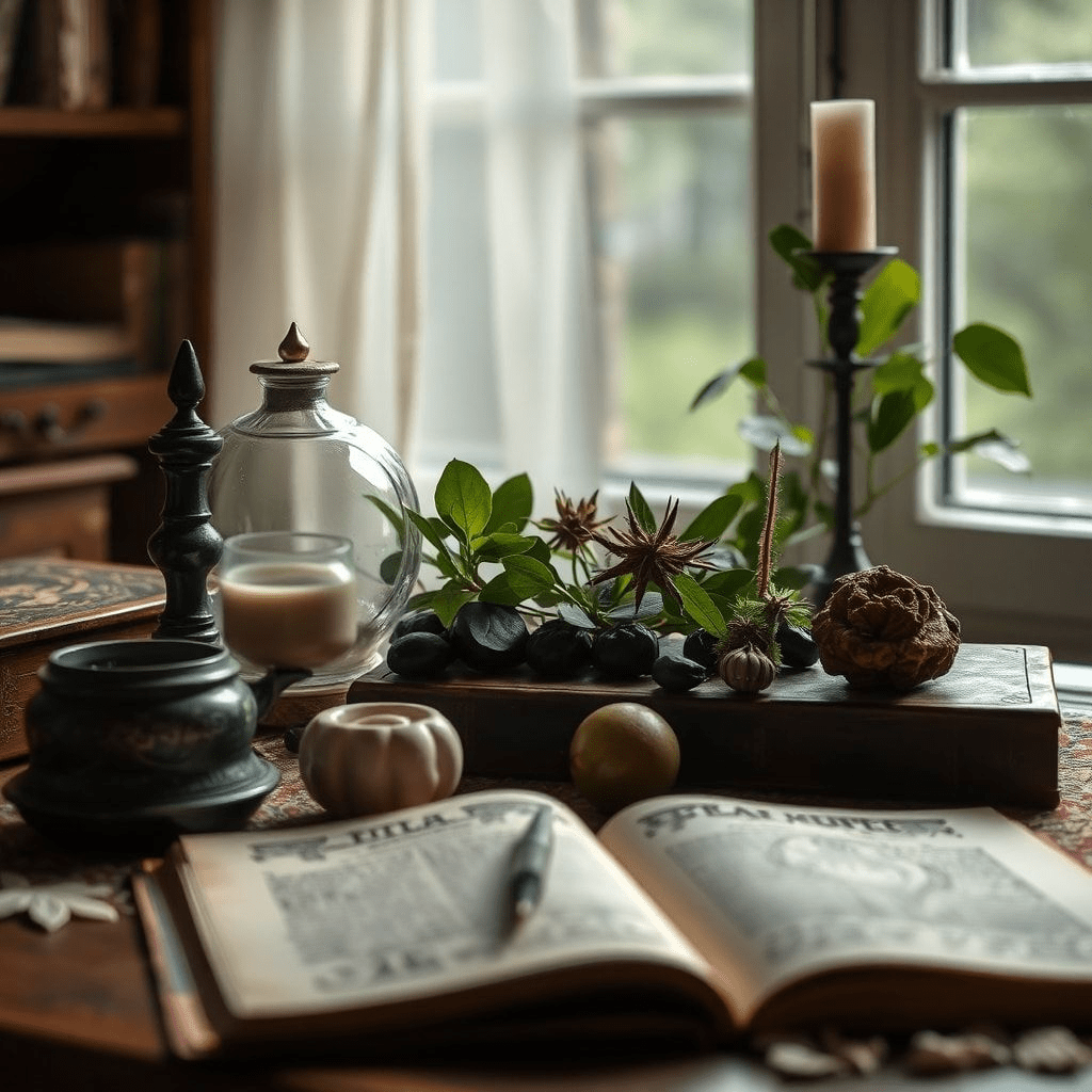 Plan rapproché sur un vieux grimoire et des symboles naturels posés sur une table.