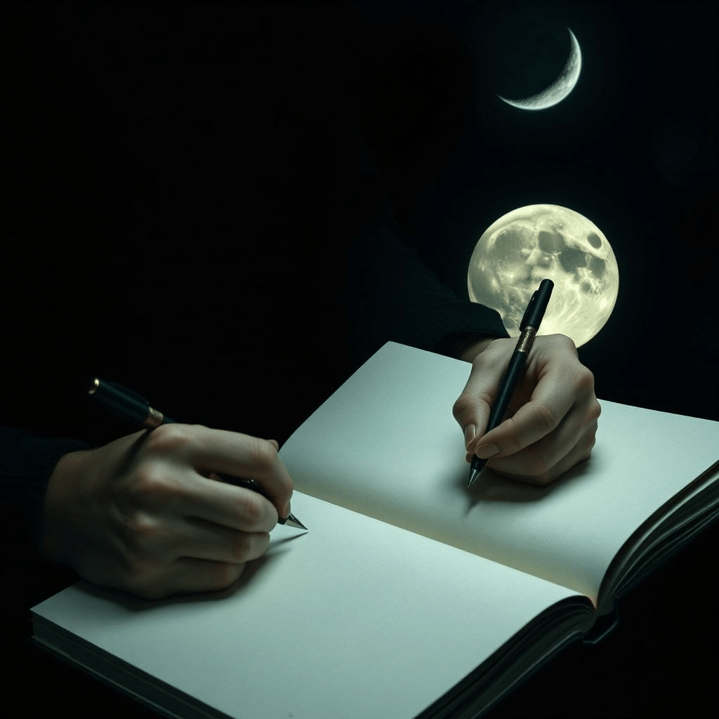 Plan montre une personne prenant des notes lors d'une lune croissante en pratique rituelle.