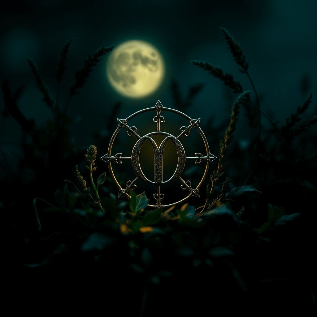 Plan rapproché sur symbole astrologique entouré d'herbes et d'éléments lunaires prêt à révéler une magie naturelle.