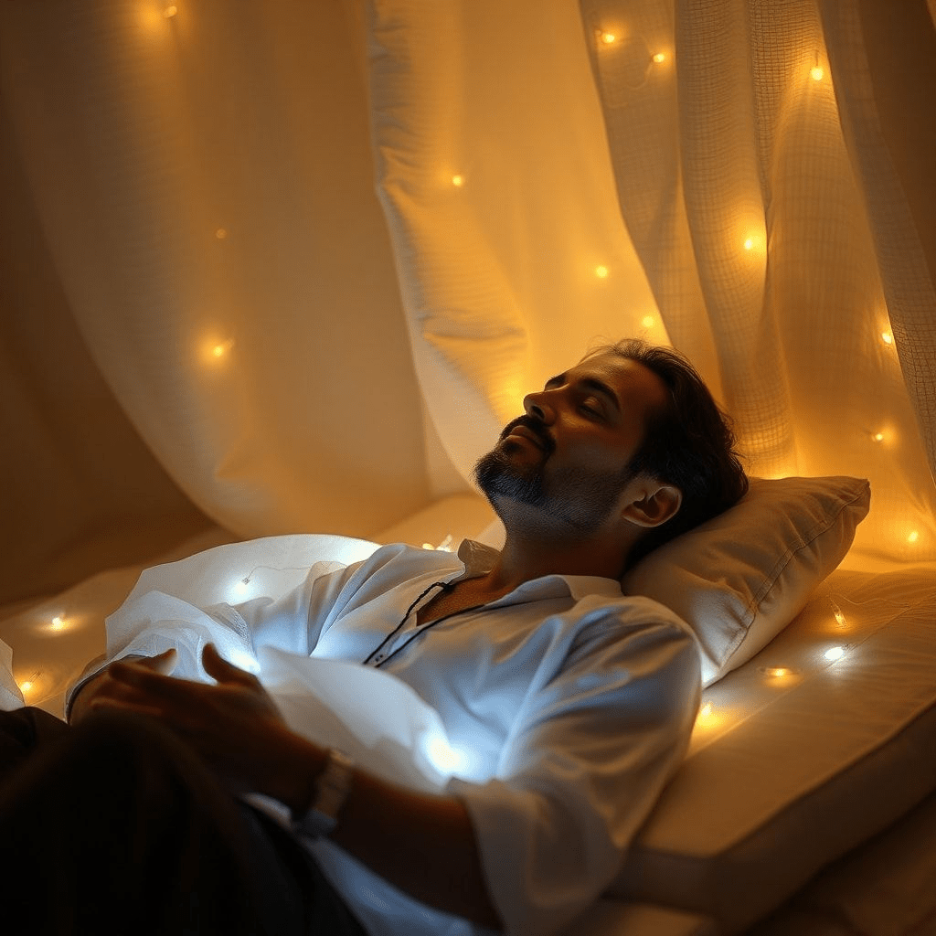 Auteur souriant, carnet à la main, entouré de lueurs dans un espace cosy et lumineux.