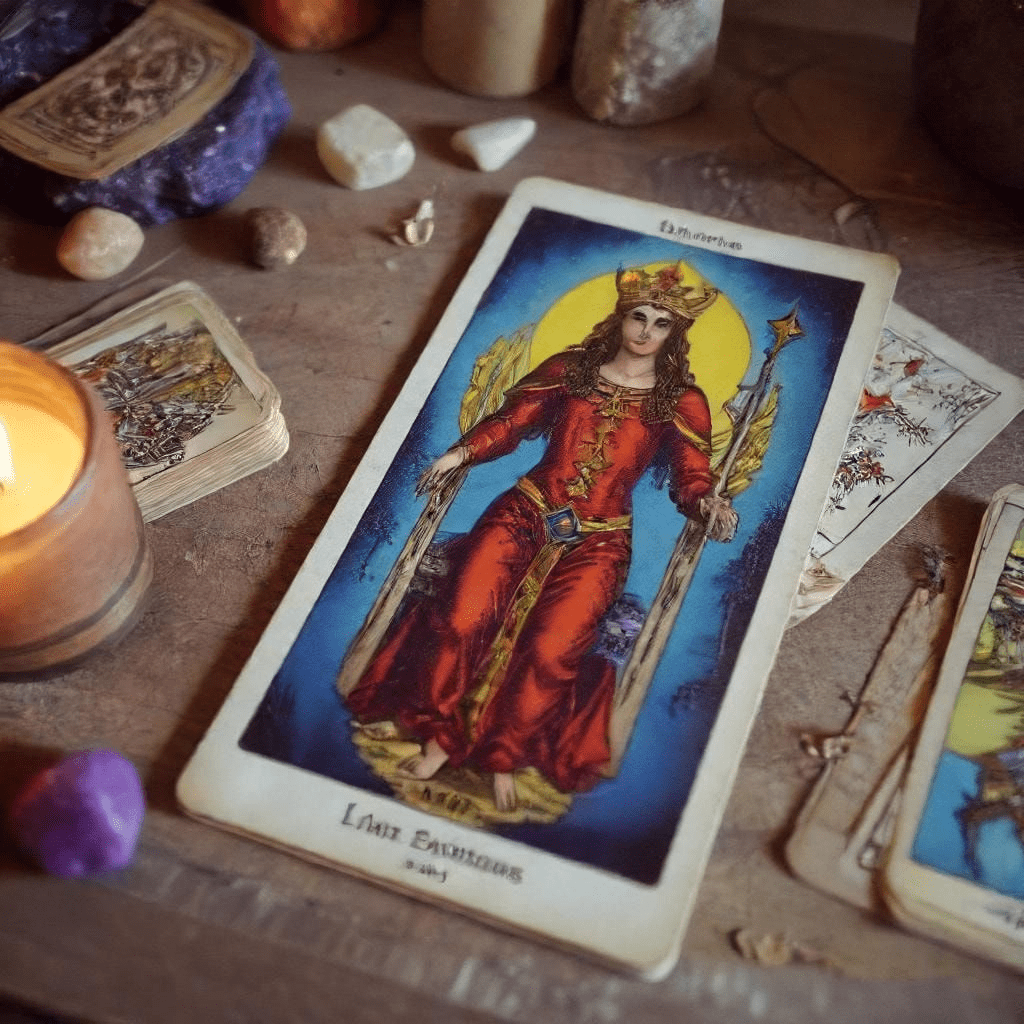 Image d'un espace de travail calme avec carnet, cartes de tarot, et bougies allumées symbolisant une routine durable.