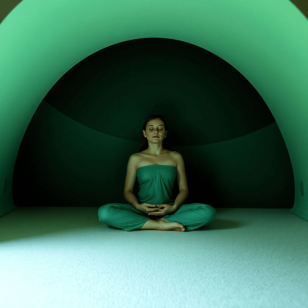 Personne en méditation assise, carnet à côté, observant des lumières fines et des symboles se manifestant.