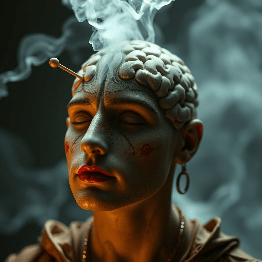 Illustration d'un cerveau stylisé avec des bulles de pensée affichant des biais cognitifs, puis lumière lorsque l'intention est alignée.