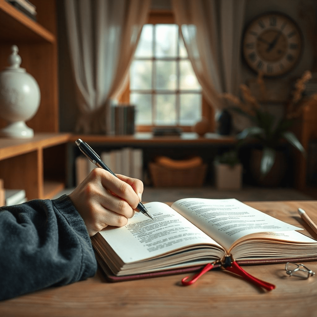 Cahier ouvert avec exemples d'affirmations et crayons colorés, prêt à être personnalisé.