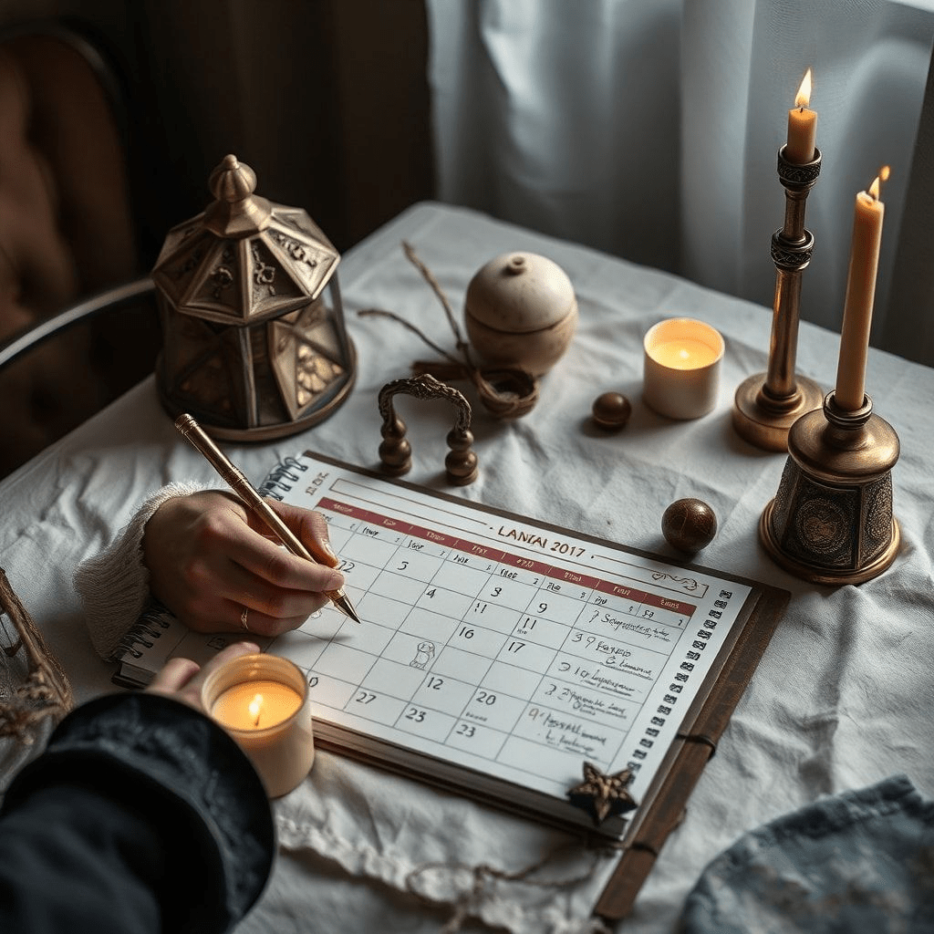 Plan d’action sur une table: carnet, calendrier, bougies et notes, symbolisant l’intégration quotidienne des rituels.