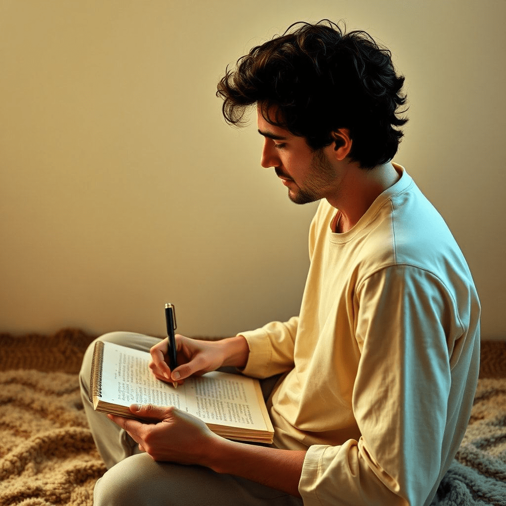 Personne souriante pratique des affirmations accompagnée de journal et d'exercices de respiration.